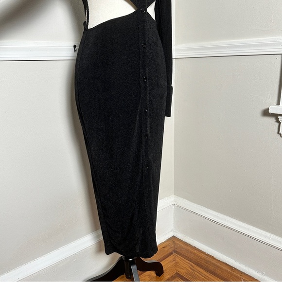Runaway Stretchy Black Maxi Dress Cutouts Long Sleeves Collared Preppy - Picture 10 of 17